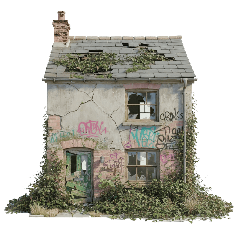 Abandoned graffiti-covered house with broken windows and overgrown vegetation, in need of renovation.